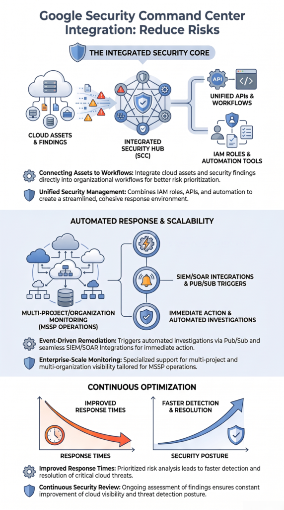 Google security command center integration for cloud security, threat response, and risk management