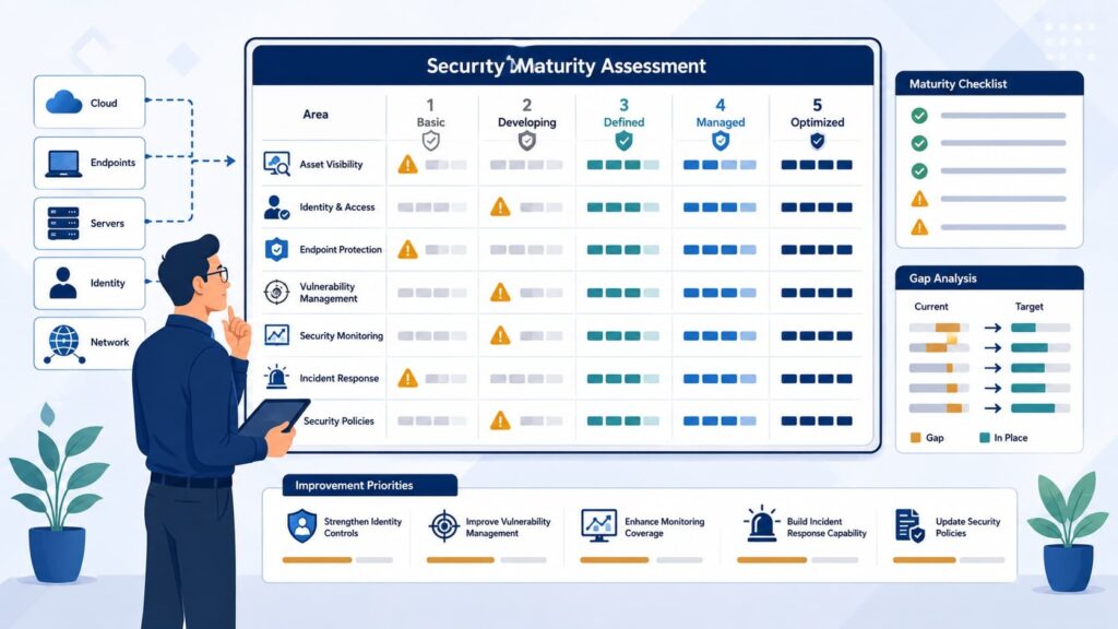 Security maturity assessment chart, part of an outsourced security needs evaluation guide, showing gaps and priorities.