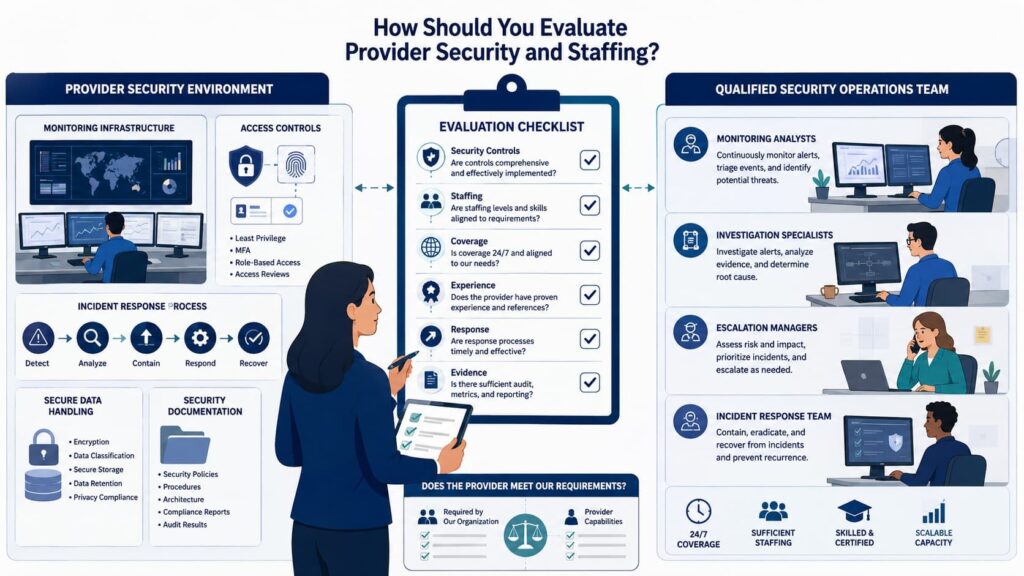 Checklist from an outsourced security needs evaluation guide comparing provider security controls and staffing.