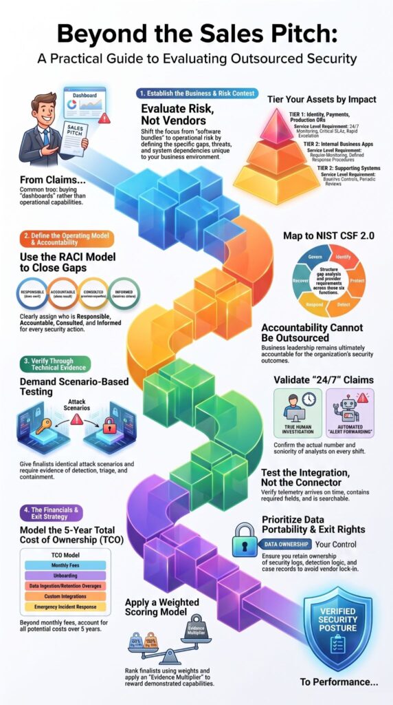 Infographic outlining an outsourced security needs evaluation guide covering risk, accountability, testing, and cost.