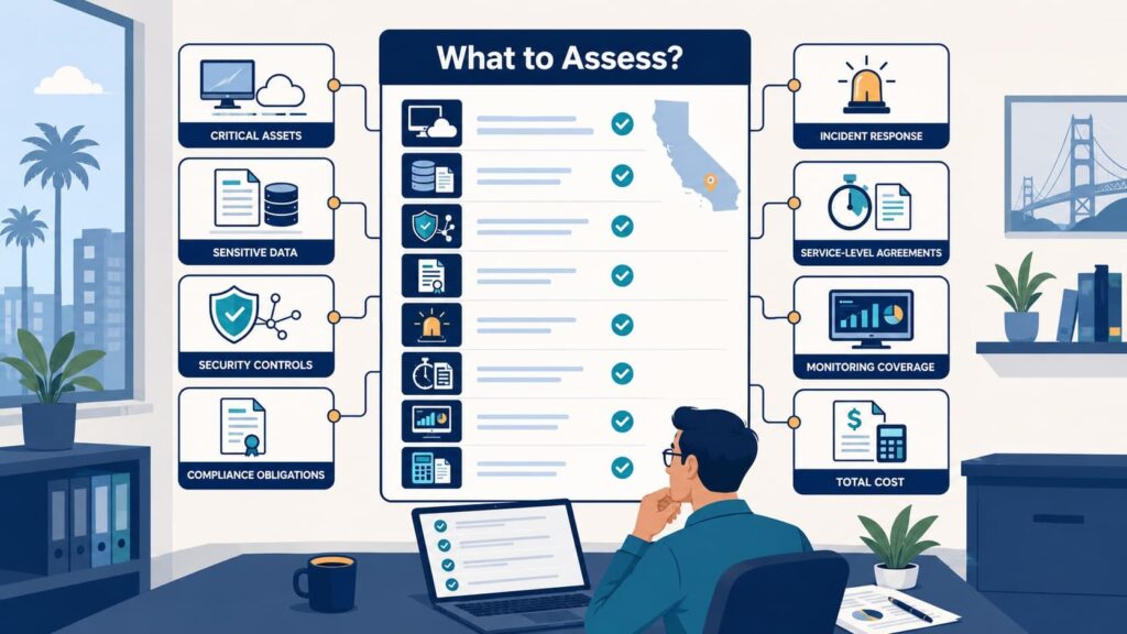 Small business MSSP assessment California checklist covering assets, compliance, and costs as owner reviews options.