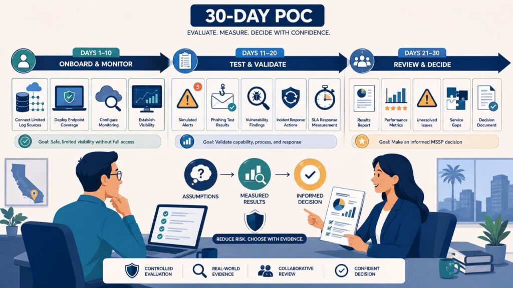 Small business MSSP assessment California 30-day POC timeline showing onboarding, testing, and final decision review.