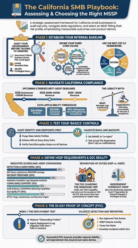 Small business MSSP assessment California playbook infographic outlining five phases from baseline audit to 30-day POC.