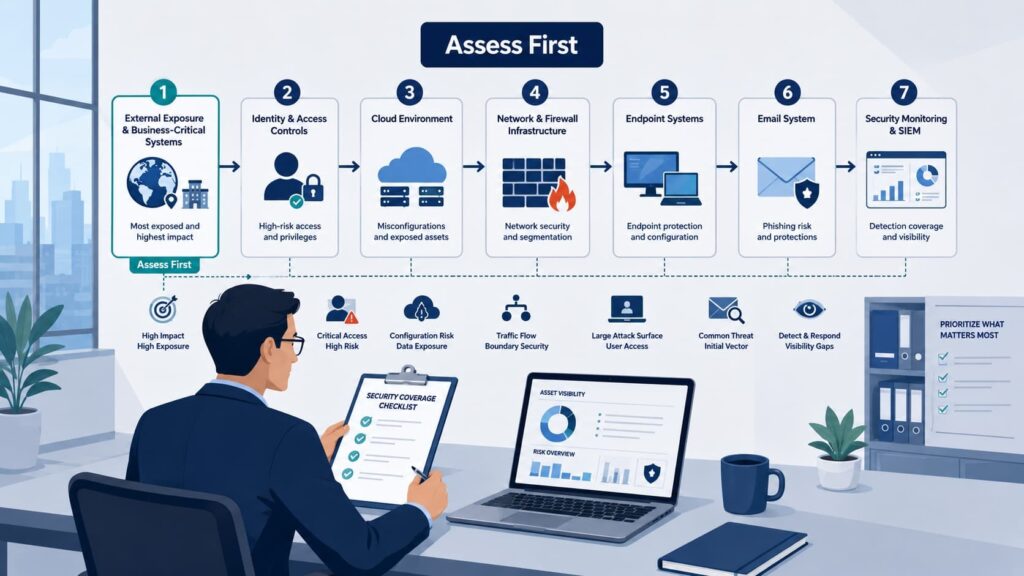 Seven-step assess-first framework guiding initial mssp consultation planning California across security domains