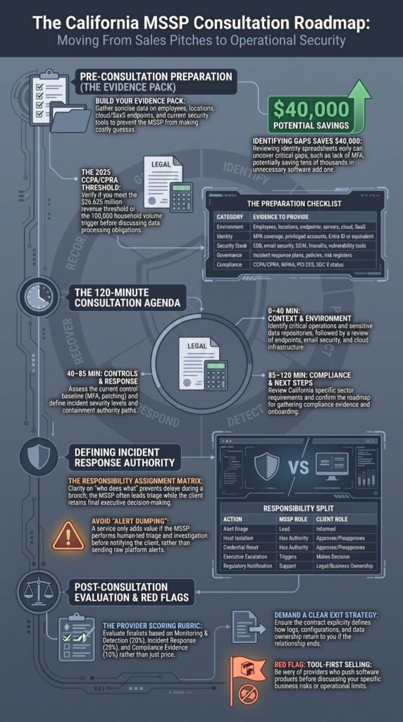 Infographic roadmap for initial mssp consultation planning California, covering prep, agenda, roles, and red flags