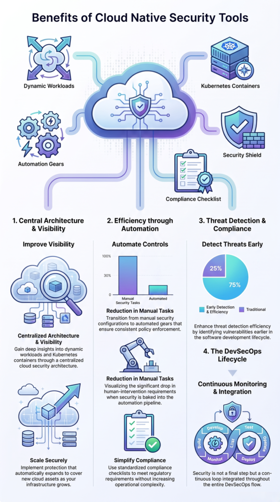 Benefits cloud native security tools improve visibility, automation, threat detection, and compliance