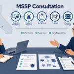 Two professionals discuss initial mssp consultation planning California with security and compliance checklists on desk