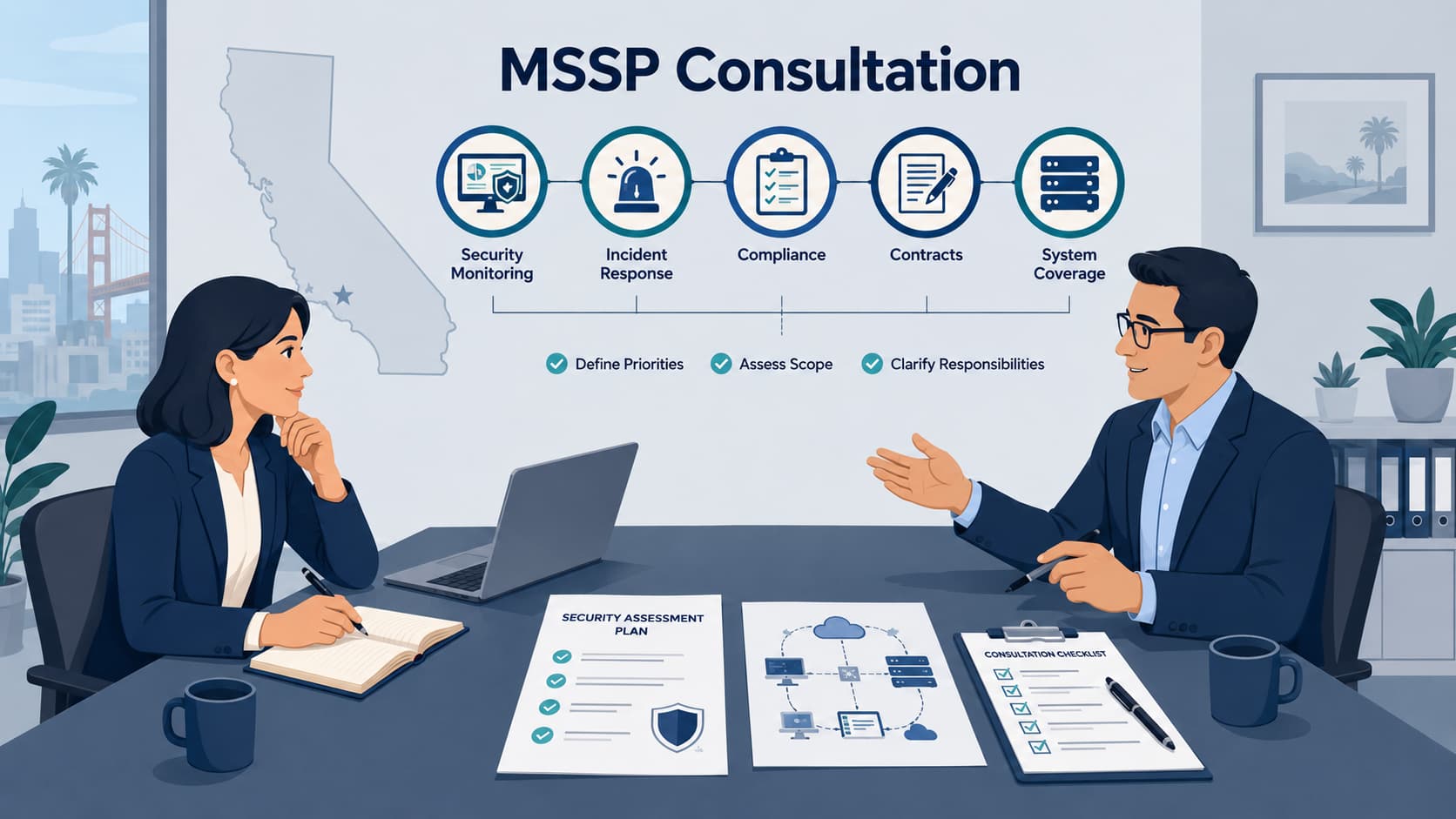Two professionals discuss initial mssp consultation planning California with security and compliance checklists on desk