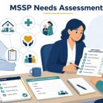 An mssp needs assessment consultant California reviewing a senior's care plan and needs checklist together at a desk.