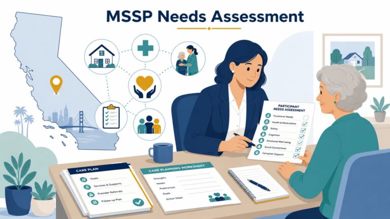 An mssp needs assessment consultant California reviewing a senior's care plan and needs checklist together at a desk.
