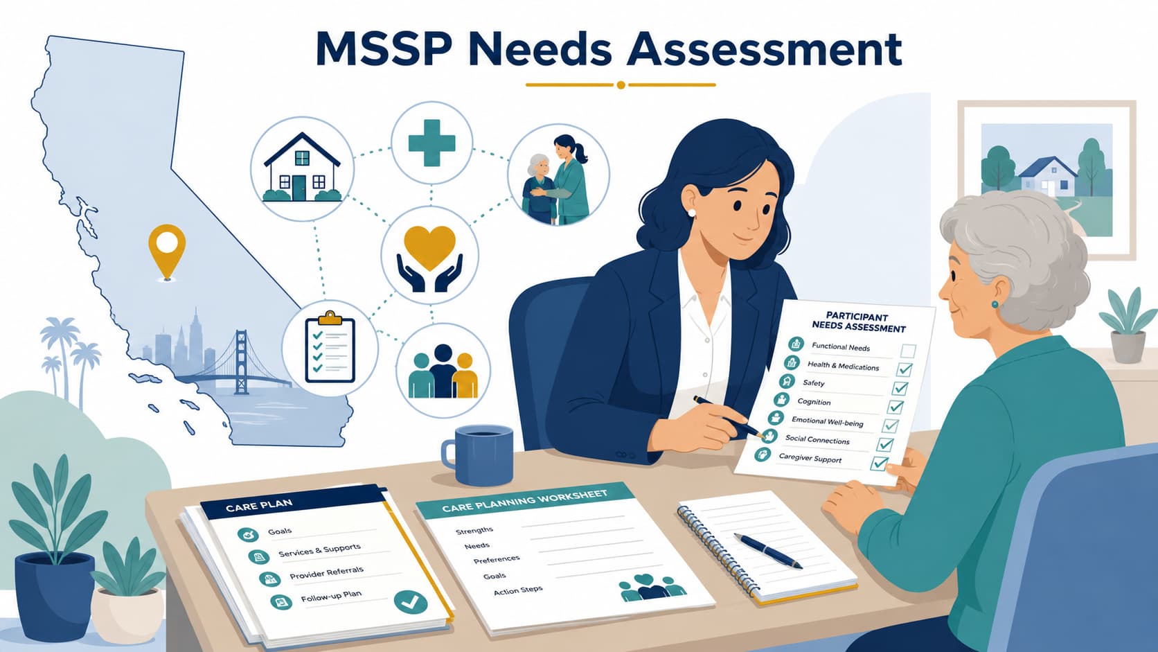 An mssp needs assessment consultant California reviewing a senior's care plan and needs checklist together at a desk.