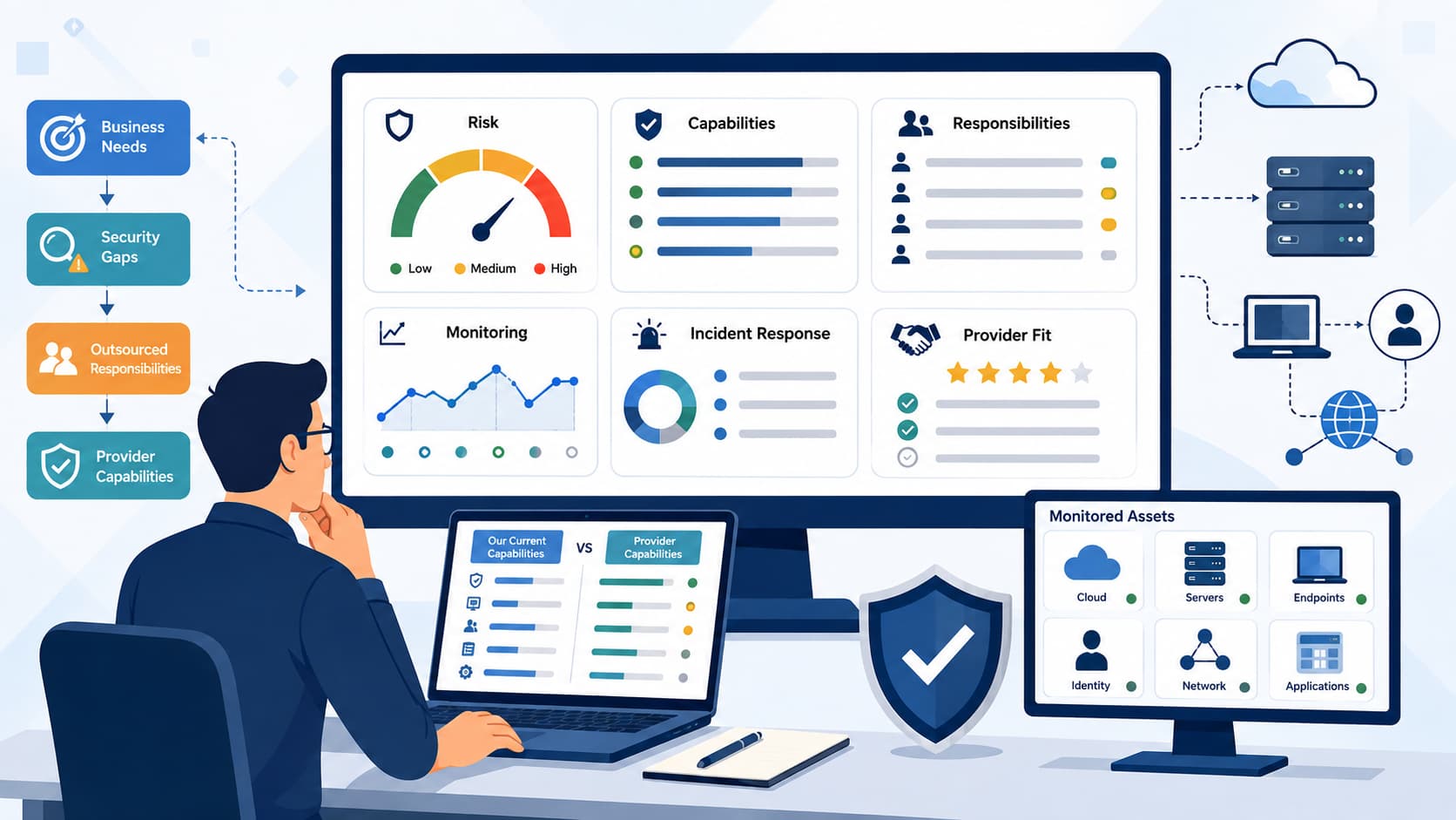 Analyst using an outsourced security needs evaluation guide to compare risk, capabilities, and provider fit on dashboards.