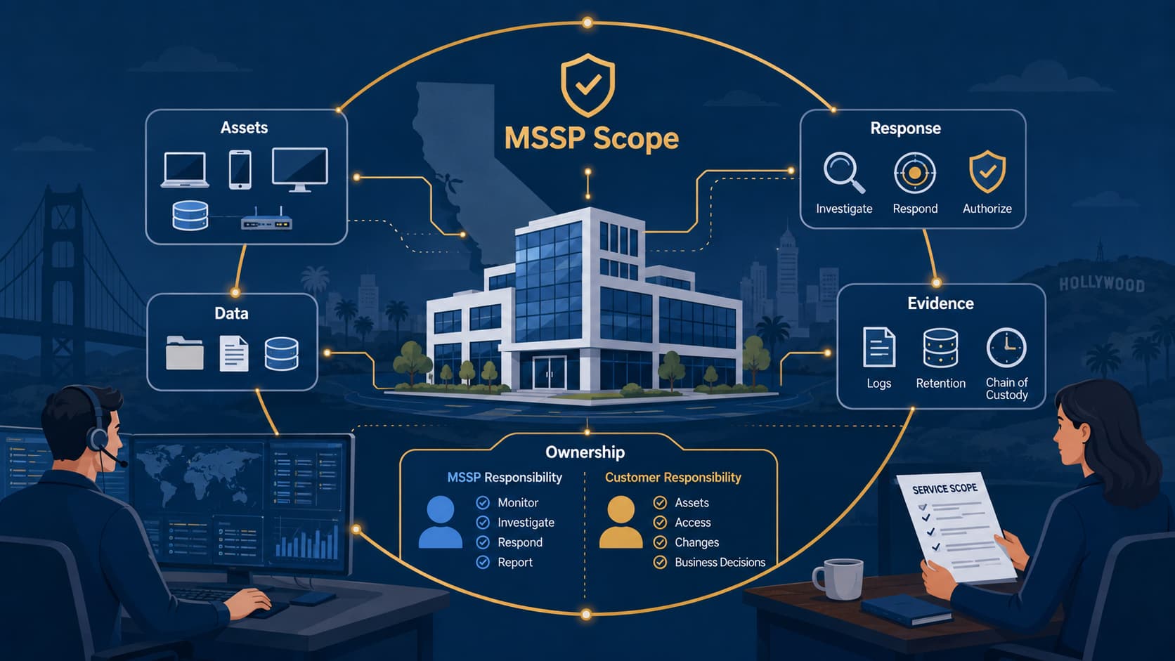 Diagram illustrating scoping managed security services California across assets, data, response, and evidence ownership.