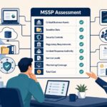 Small business MSSP assessment California: consultant reviews security checklist with shop owner near state map icon.