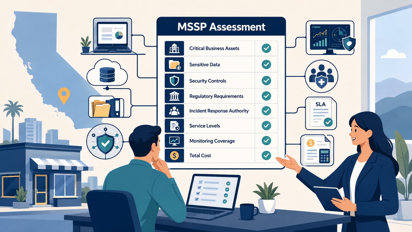 Small business MSSP assessment California: consultant reviews security checklist with shop owner near state map icon.