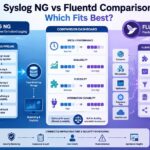 Dashboard-style syslog ng vs fluentd comparison showing pipelines, speed, scalability, and integration side by side.