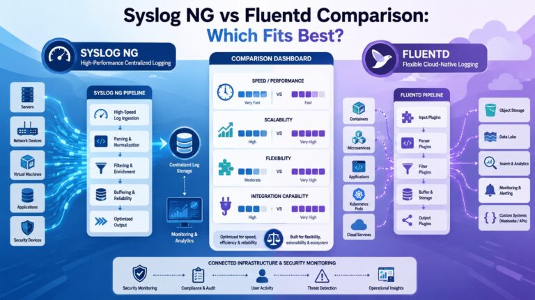 Dashboard-style syslog ng vs fluentd comparison showing pipelines, speed, scalability, and integration side by side.