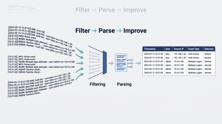 Filtering Parsing Log Data Effectively illustrated as a cybersecurity pipeline from raw events to clean logs.