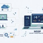 Diagram linking cloud, endpoint, identity, and IT workflow systems into one MSSP dashboard, showing choosing MSSP integration capabilities.