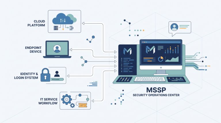 Diagram linking cloud, endpoint, identity, and IT workflow systems into one MSSP dashboard, showing choosing MSSP integration capabilities.