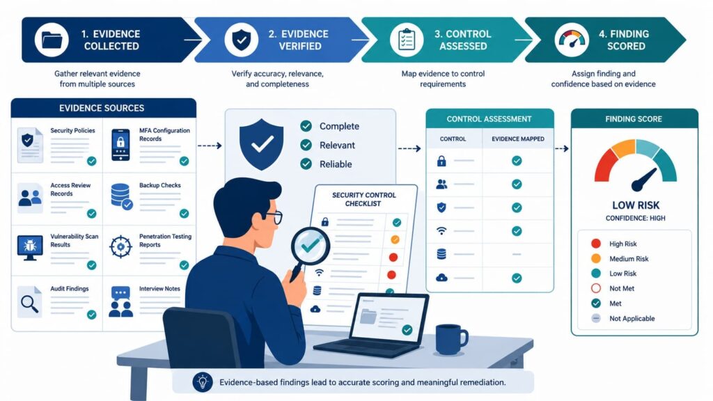 Analyst using a security gap analysis report service to verify evidence, assess controls, and score findings