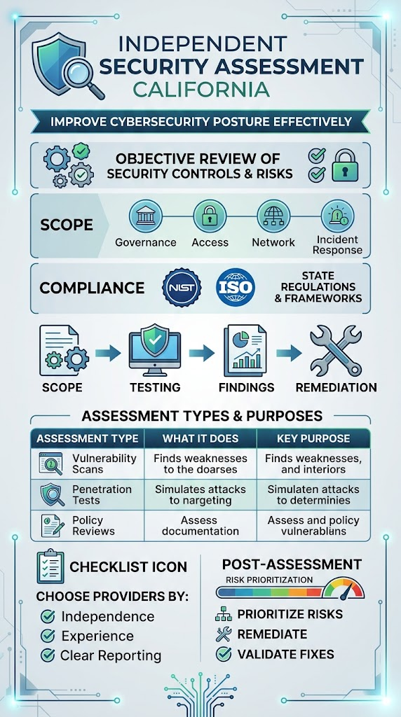 Independent security assessment California infographic showing scope, testing, findings, remediation
