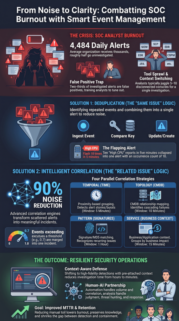 Infographic on SOC alert fatigue and correlation logic, key to Integrating MSSP Ticketing Systems for noise reduction.