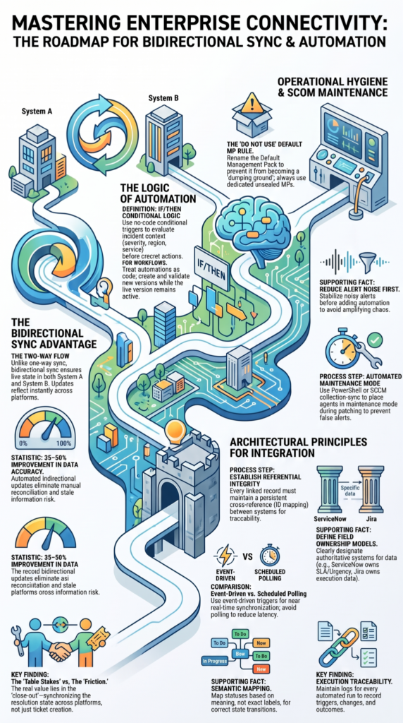 Infographic outlining benefits mssp ticketing integration for bidirectional sync, automation logic, and field ownership. 