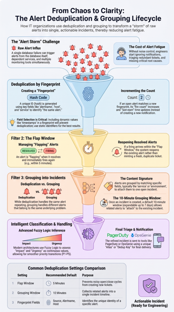 Infographic automating ticket creation alerts by deduplicating, grouping, and filtering alert storms into incidents.