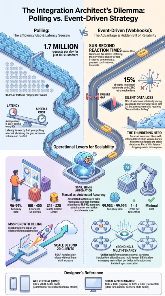 Infographic comparing polling and webhook methods for reliable, bidirectional ticket synchronization in MSSP integrations. 