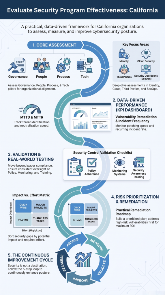 Evaluate security program effectiveness California through assessment, validation, metrics, and risk