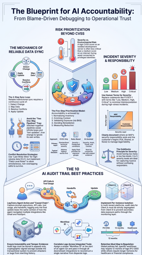 Infographic covering AI audit trails, risk prioritization, and mapping incident severity tickets for accountability.