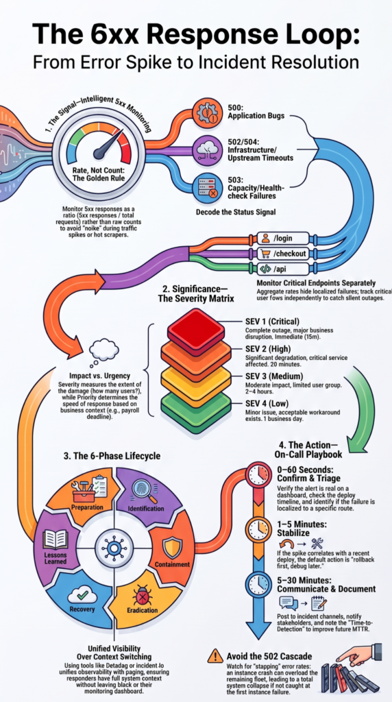 Infographic outlining severity levels, response phases, and on-call steps to streamline incident management workflow for system errors.
