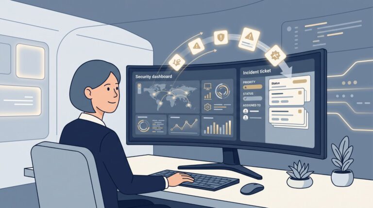 Analyst monitoring a security dashboard feeding an incident ticket, illustrating Integrating MSSP Ticketing Systems.