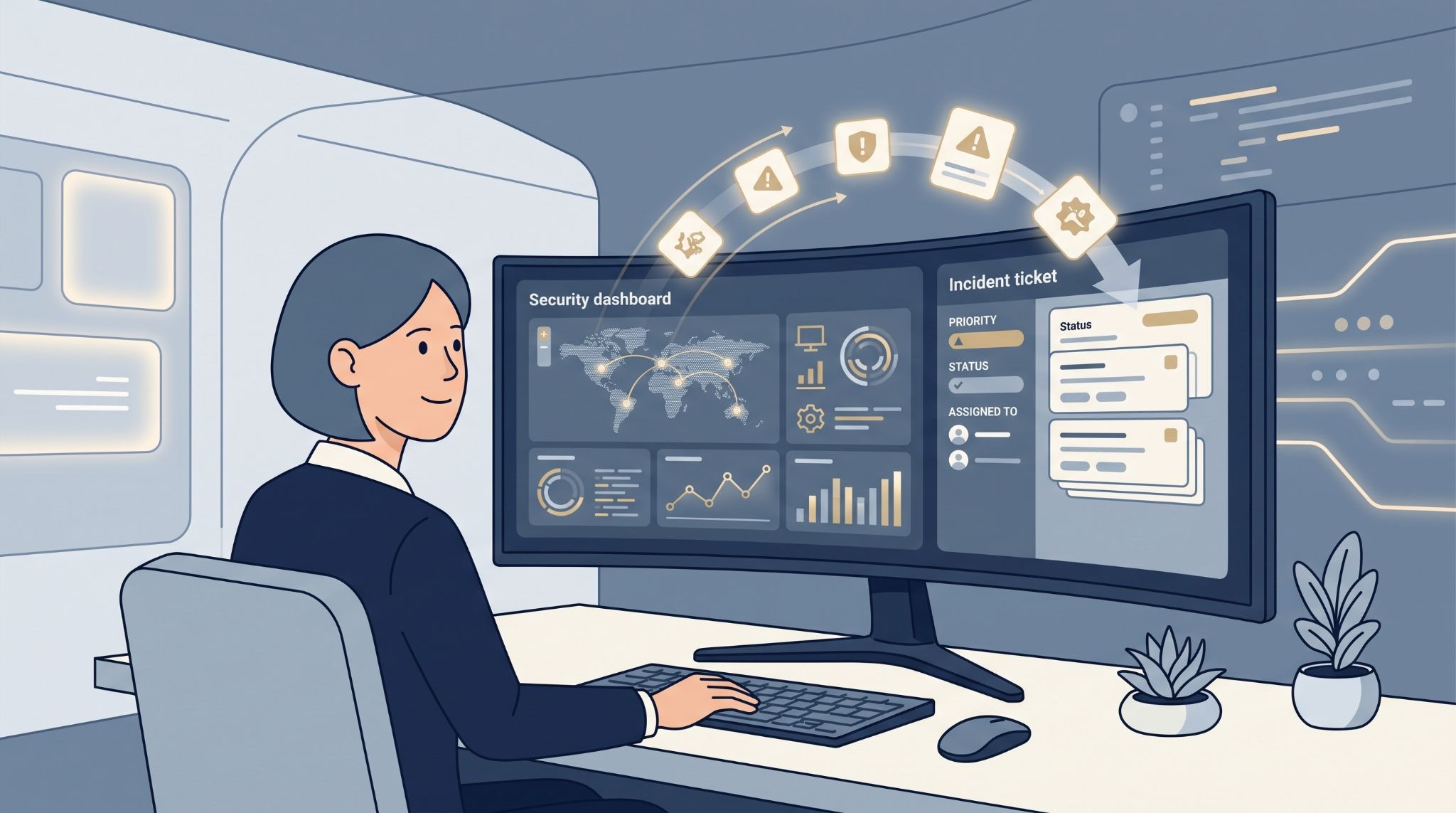Analyst monitoring a security dashboard feeding an incident ticket, illustrating Integrating MSSP Ticketing Systems.