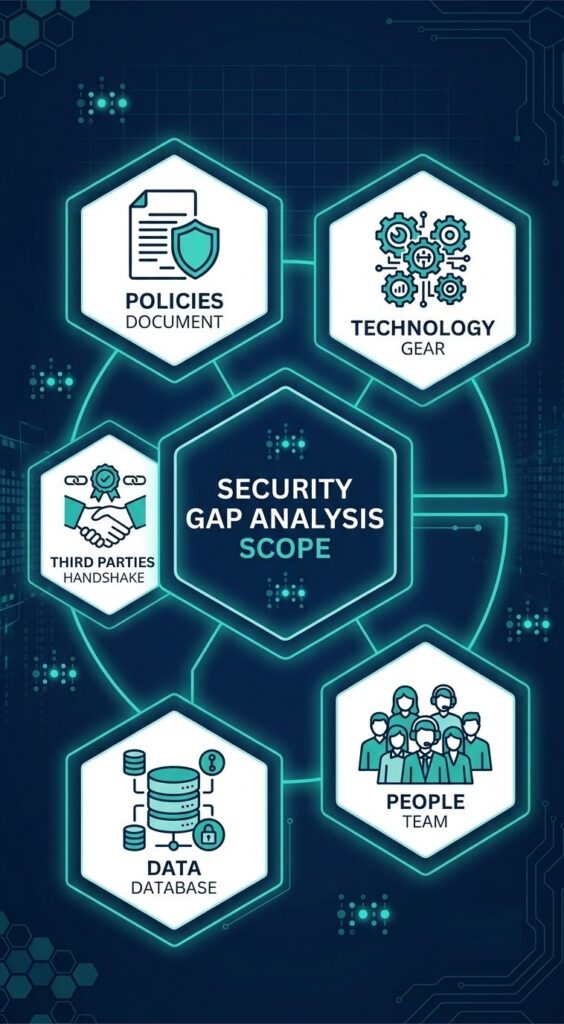 Hexagon diagram outlining the scope of a security gap analysis report service across policies, tech, people, data