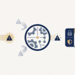 Illustration automating ticket creation alerts, funneling warning signals through a processing engine into one ticket.