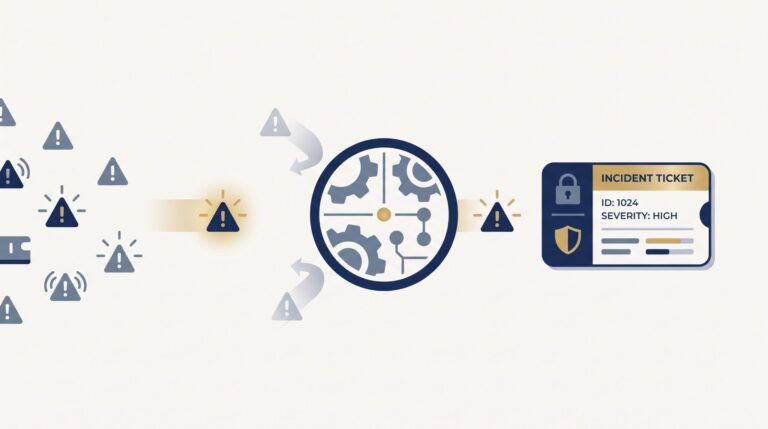 Illustration automating ticket creation alerts, funneling warning signals through a processing engine into one ticket.