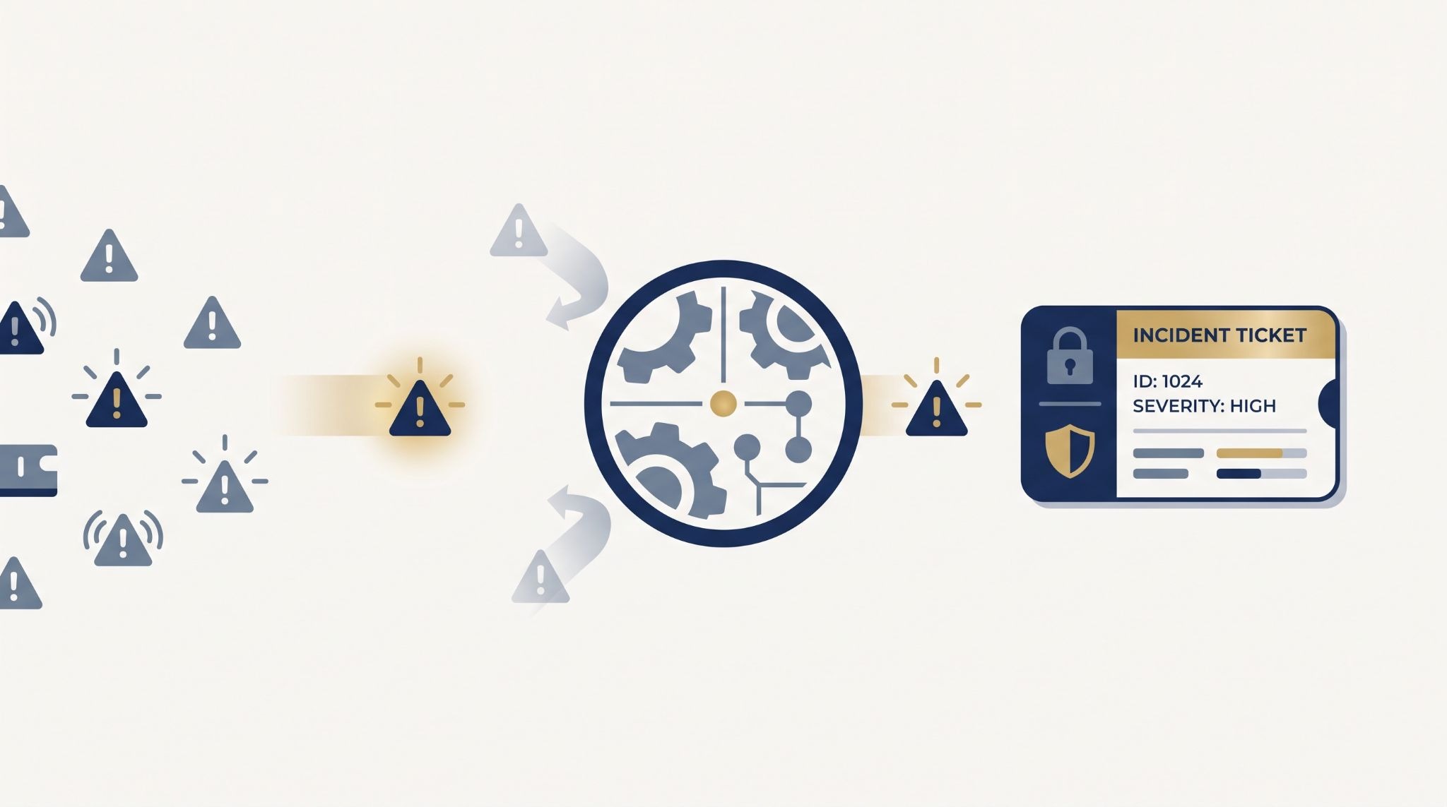 Illustration automating ticket creation alerts, funneling warning signals through a processing engine into one ticket.