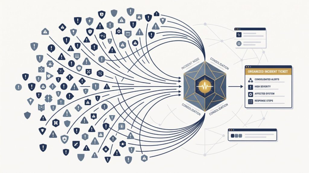 Diagram automating ticket creation alerts, consolidating scattered security warnings into one organized incident ticket.