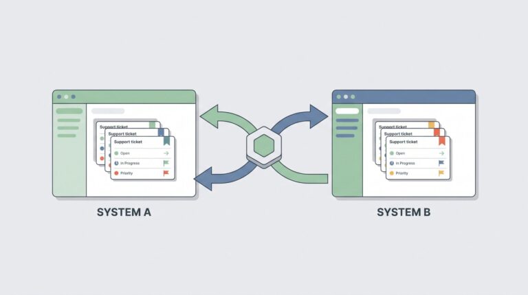 Central hub connecting two systems with double arrows, depicting bidirectional ticket synchronization across MSSP platforms. 