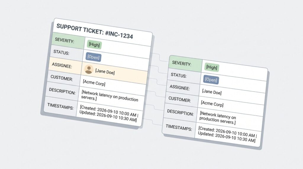 Two identical ticket records side by side, showing bidirectional ticket synchronization used in MSSP platforms. 
