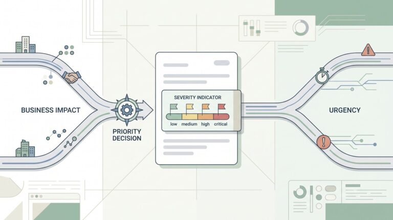 Diagram showing business impact and urgency merging into a priority decision, mapping incident severity tickets by level. 