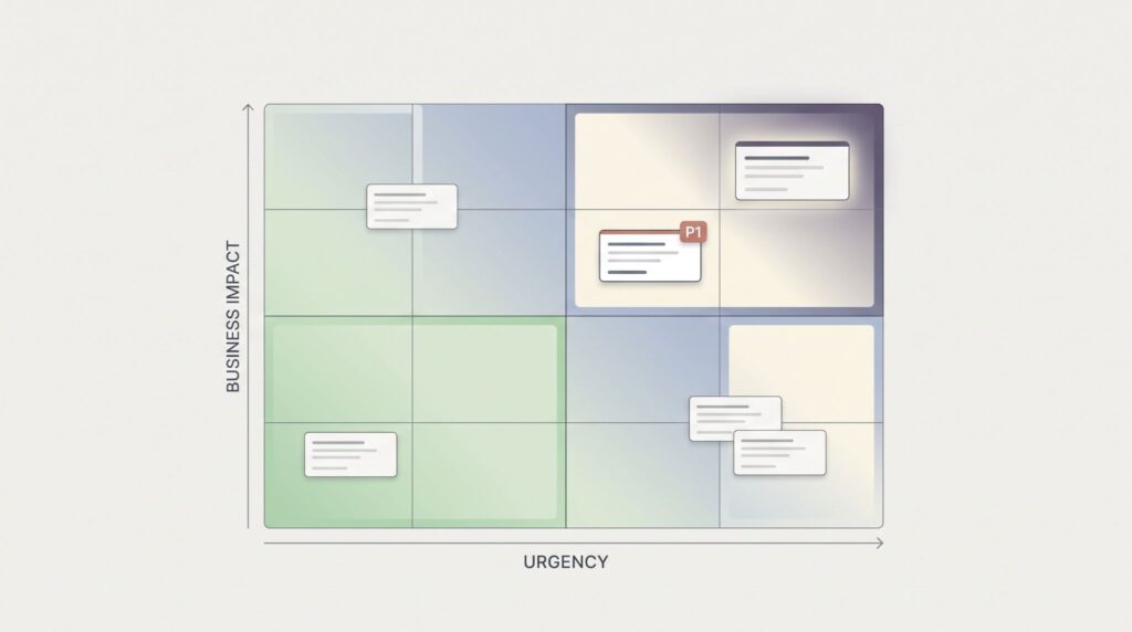Quadrant chart plotting business impact against urgency, mapping incident severity tickets like the P1 flagged case.