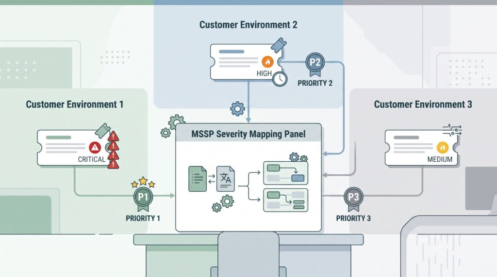 Diagram of an MSSP panel mapping incident severity tickets from three customer environments into priority levels.
