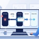 Five-stage process flow from detection to resolution, illustrating a streamlined incident management workflow on a monitor