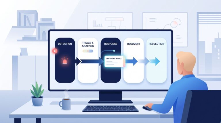 Five-stage process flow from detection to resolution, illustrating a streamlined incident management workflow on a monitor