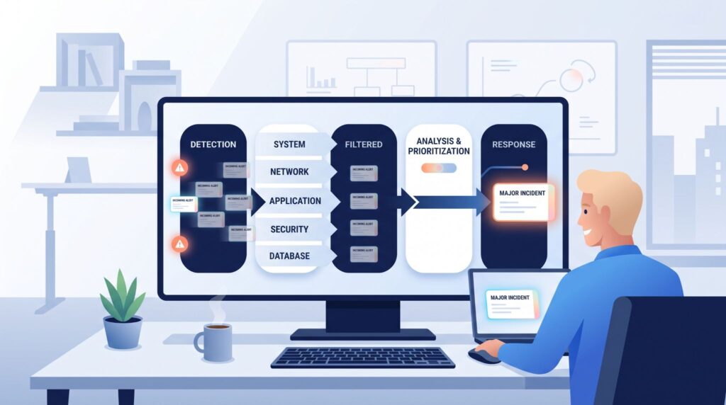 Dashboard displaying alert categorization and prioritization to streamline incident management workflow from detection to major incident response.