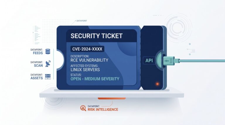 Diagram linking feeds, scans, and risk intelligence to a security ticket through an api integration ticketing system.
