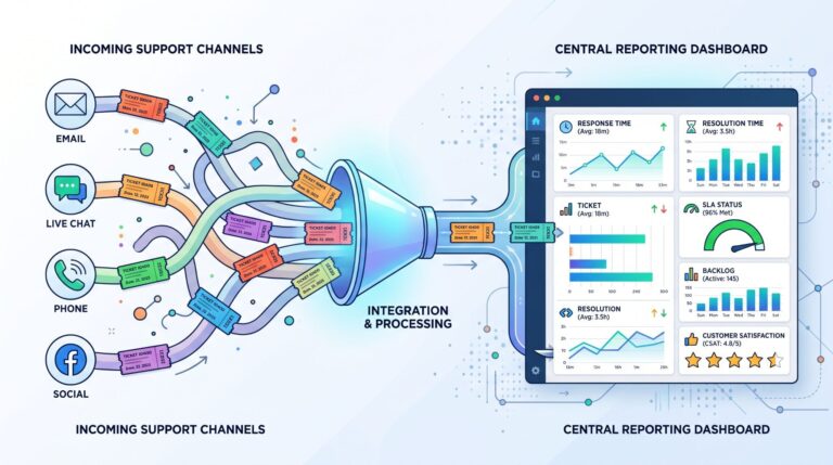 Email, chat, phone and social tickets funneling through ticketing integration into a central reporting dashboard 